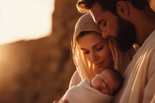 A loving moment of the holy family in soft evening light, showcasing tender care for their newborn photo