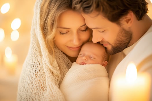 A young family shares tender moments of love and warmth with their newborn in soft candlelight photo