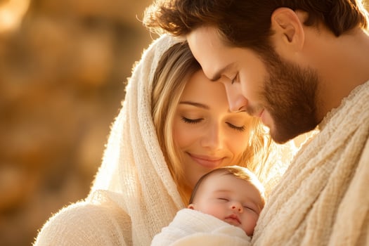 Holy family in a serene moment filled with love and tenderness, embracing their newborn in a calm, warm setting photo