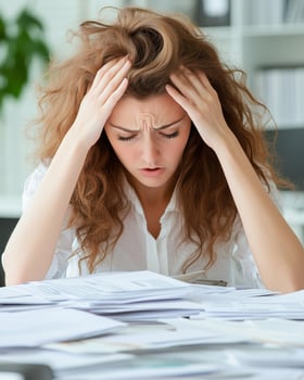 Stressed businesswoman holding her head in frustration amid paperwork in an office setting photo