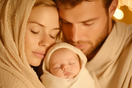 Tender moment of a holy family with loving parents embracing their newborn in warm candlelight photo