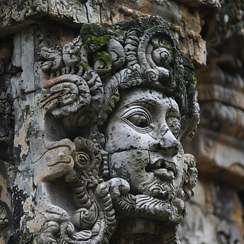 An ancient sculpture of a mans face carved in a stone column photo