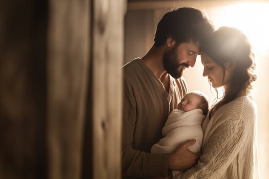 A serene moment of the holy family cradling their newborn in a rustic barn filled with gentle light photo