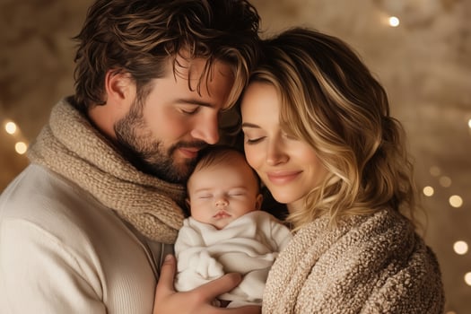 Tender moment of the holy family with fathers hand on mothers shoulder and baby nestled between them photo