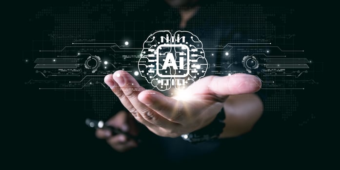 Businessman interact with AI artificial intelligence brain processor in concept of AI artificial intelligence engineering, big data and AI machine learning to use for business support. photo