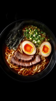 Steaming Bowl of Ramen with Beef, Egg, and Rich Broth photo