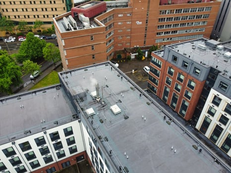 High Angle View of Cardiff City Centre and Buildings at Central Downtown and Near to Ocean Bay During Rainy and Cloudy Day of May 28th, 2024 photo