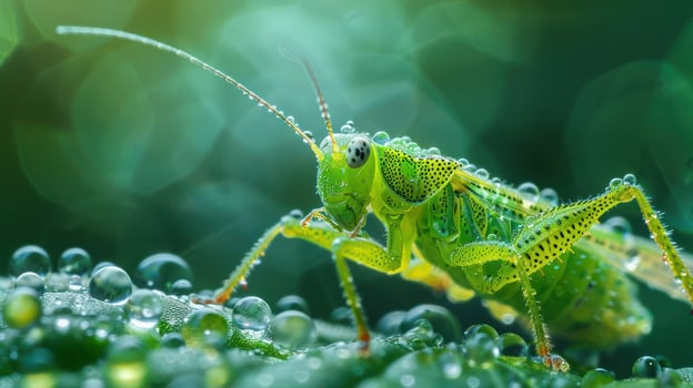 Green insect standing on leaf with water droplets. photo