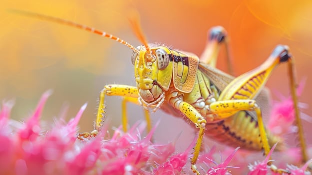 Vividly colored insect, possibly a grasshopper or katydid, standing on a pink flower. photo