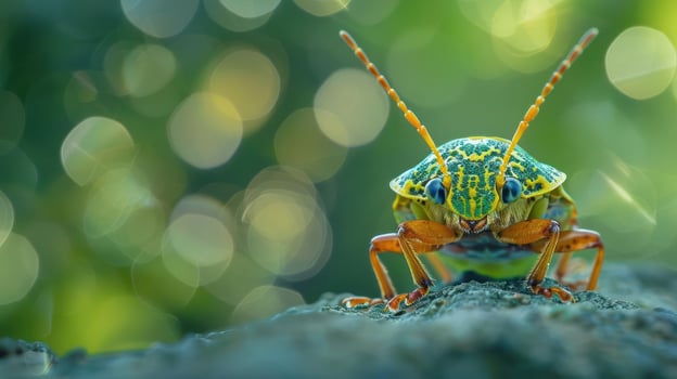 Green and orange ladybug with white spots, perched on a rock surrounded by blurred bokeh background. photo