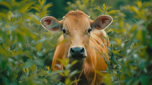 A brown cow standing in a lush, green field with its face peeking through the tall grasses. photo