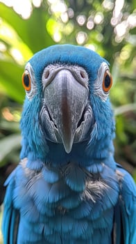 Blue hyacinth macaw parrot staring with intense gaze in lush tropical setting photo