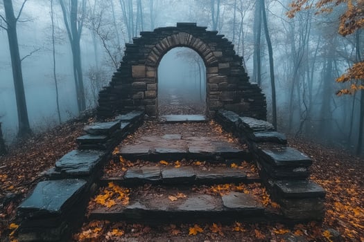 Stone archway with steps leading into foggy forest in autumn photo