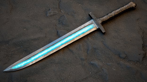 Glowing fantasy sword on dark background photo