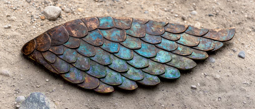 Weathered copper feather on rocky ground photo