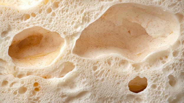 Closeup of freshly baked bread crust with air pockets photo