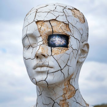 cracked head with glowing brain inside photo