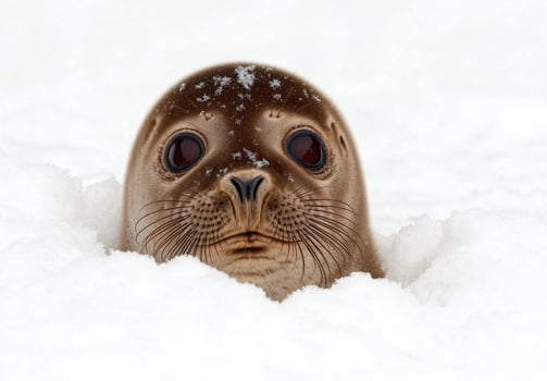 Cute baby seal peeking out of the snow photo