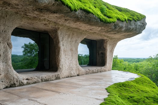 Unique architectural structure with lush green vegetation photo