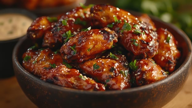 A bowl of buffalo chicken wings, garnished and ready to eat. photo