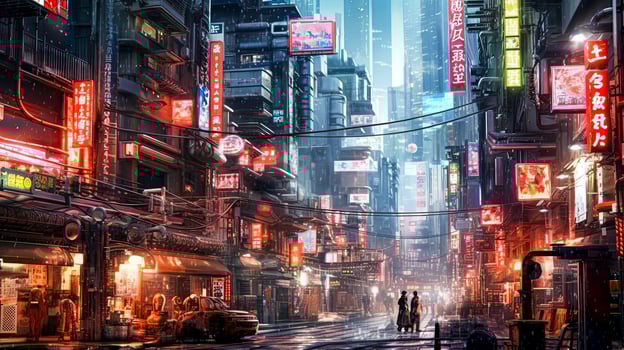 A busy city street with neon signs and people walking under umbrellas. photo