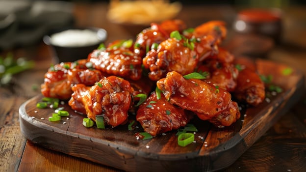 Delicious, golden brown chicken wings coated in sweet honey and tangy sesame sauce. photo
