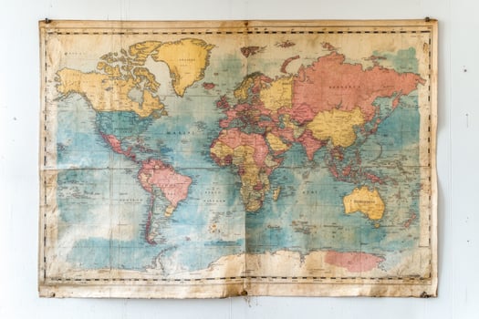 Old world map hanging on white wall showing countries and continents photo