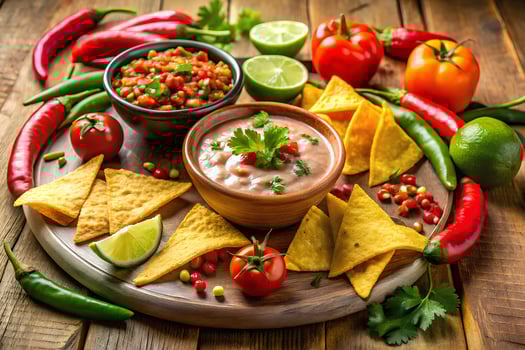 Mexican food with chips, salsa and vegetables on wooden table photo