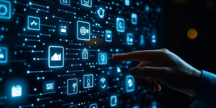 A hand interacts with a vibrant digital screen showing technology and networking icons, highlighting innovation, seamless interaction, and enhanced connectivity in todays rapidly evolving world photo