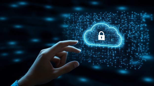 A hand interacts with a vibrant digital screen showing cloud storage and security icons on a dark blue background, illustrating advancements in technology and the vast online networks today photo