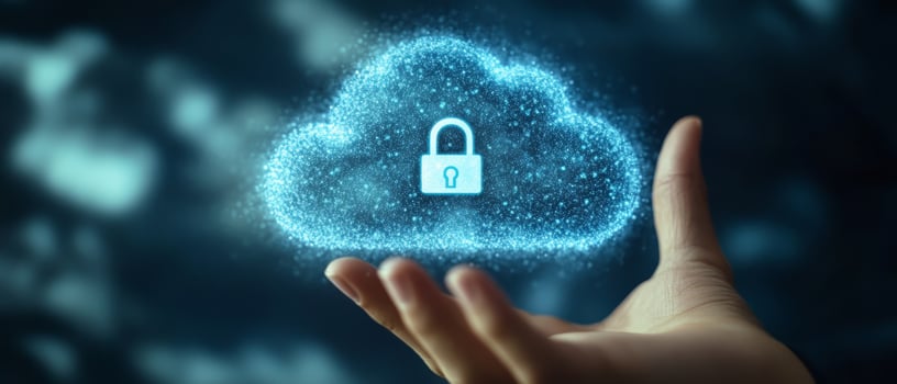 A steady hand interacts with vibrant digital icons representing cloud storage, advanced technology, and internet security, set against a dark blue backdrop that enhances their visibility photo
