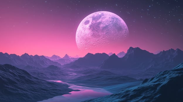 In this captivating retro landscape, a vibrant moon lights up pastel colors and tranquil mountains reflect in calm waters, all under a starry sky that enhances the scenes charm and tranquility photo