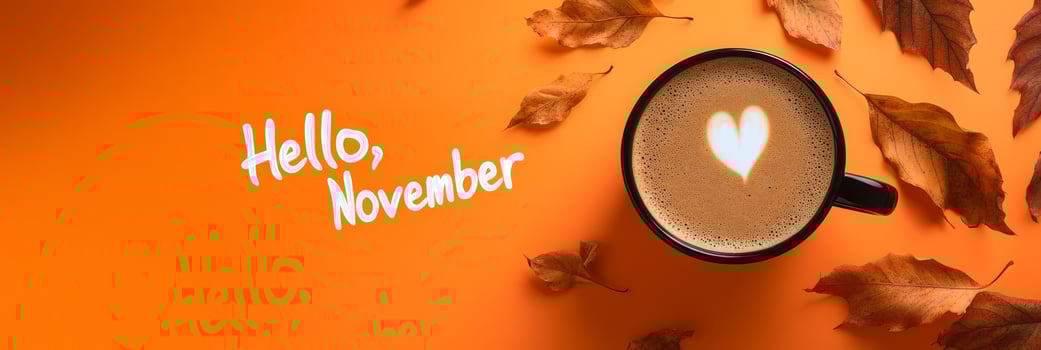A cup of coffee rests on a rustic table, surrounded by colorful orange leaves, capturing the warm essence of November, a cherished time for those who love autumn and its cozy ambiance photo