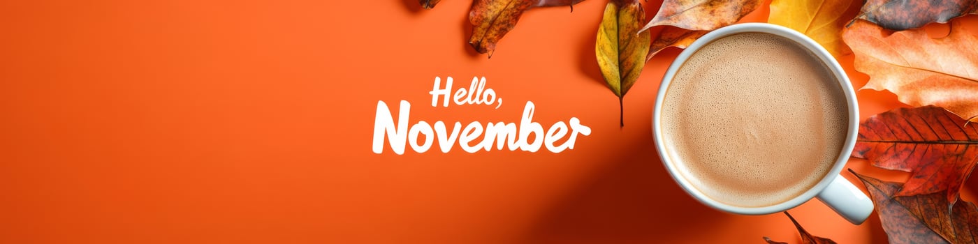 This is a warm and cozy top view of a beautifully crafted coffee cup sitting on a charming saucer, surrounded by vibrant orange leaves, perfectly celebrating the true essence of Novembers beauty photo