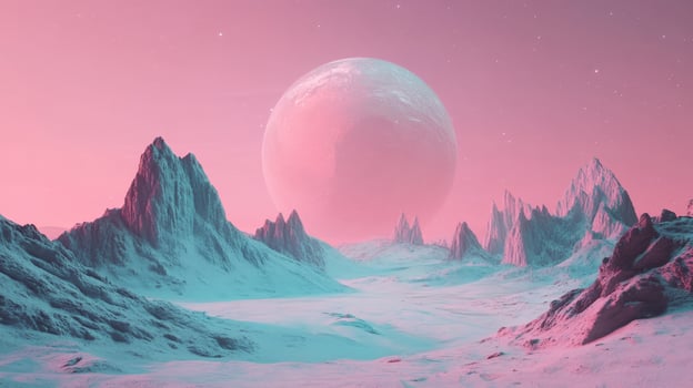 A captivating pastel galaxy scene features majestic mountains lit by a glowing moon, creating a serene and enchanting otherworldly atmosphere that inspires the viewers imagination photo