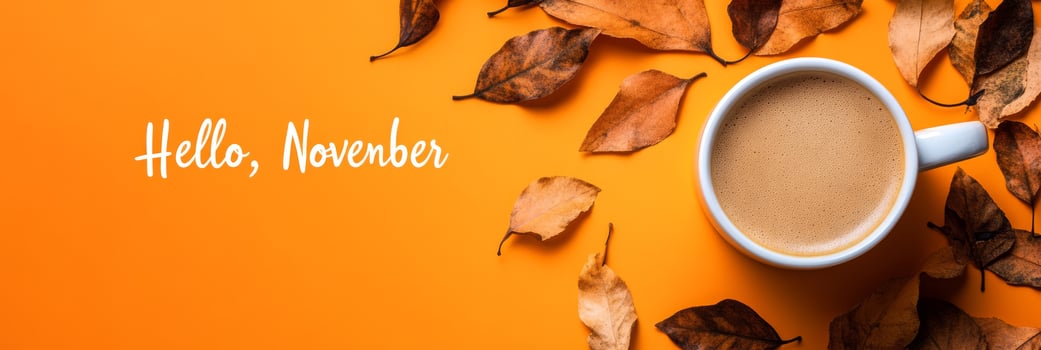 A warm cup of rich, aromatic coffee nestled among vibrant orange leaves signifies the delightful arrival of November, perfectly capturing the true essence and beauty of the autumn season photo