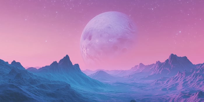 This captivating retro landscape features a large, glowing moon in pastel colors, creating a visual feast for astronomy lovers and aesthetic enthusiasts, making it truly mesmerizing photo