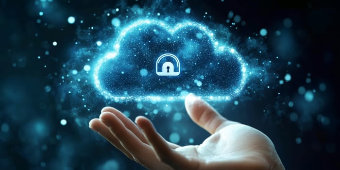 A hand reaches out to gently touch a vibrant digital screen displaying technology icons representing cloud storage, online networks, and digital security on a deep blue background photo