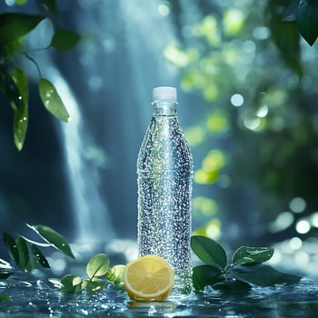 Lemon water with bottle glass photo