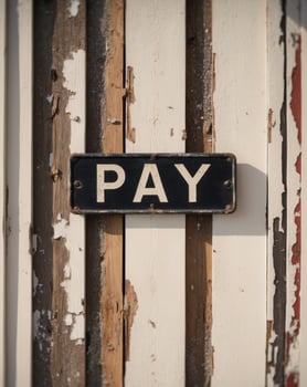 A pay sign on a wooden wall photo