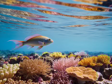 A fish swims over a coral reef with many different types of corals photo