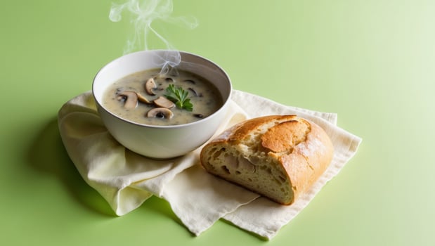 Mushroom soup with bread on green background photo