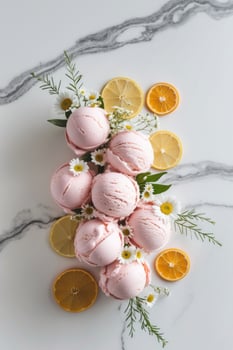 Pink ice cream with lemon slices and flowers photo