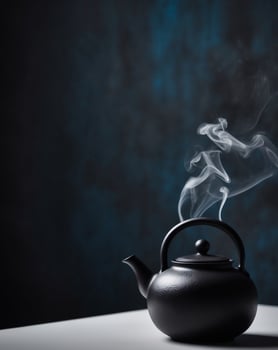 Black tea pot with smoke on a table photo