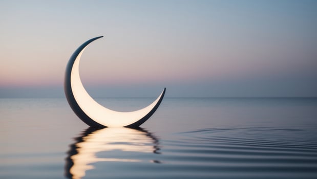 A crescent shaped sculpture is sitting on the water photo