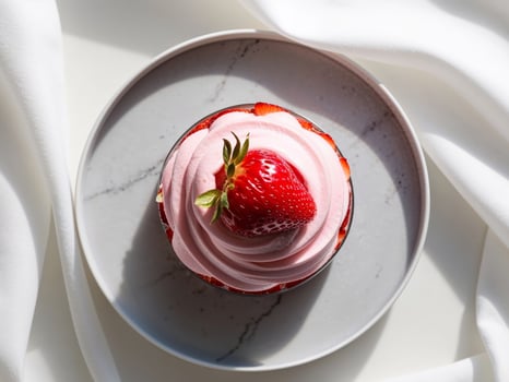 A strawberry cupcake on a plate with a white cloth photo