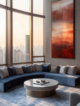 This minimalist living room radiates warmth, featuring a curved blue sofa with cushions, a sleek round coffee table, and large windows offering stunning city views and ample natural light photo