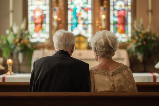 elderly couple bride and groom in front of the altar photo