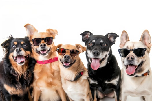 team group row of dogs taking a selfie isolated on white background, smile and happy photo
