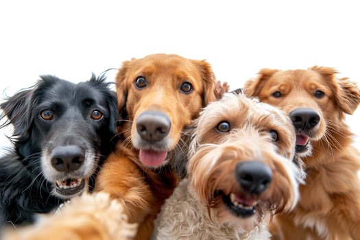 team group row of dogs taking a selfie isolated on white background, smile and happy photo